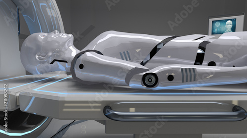 Robot in a medical facility with futuristic body scan. 3d rendering