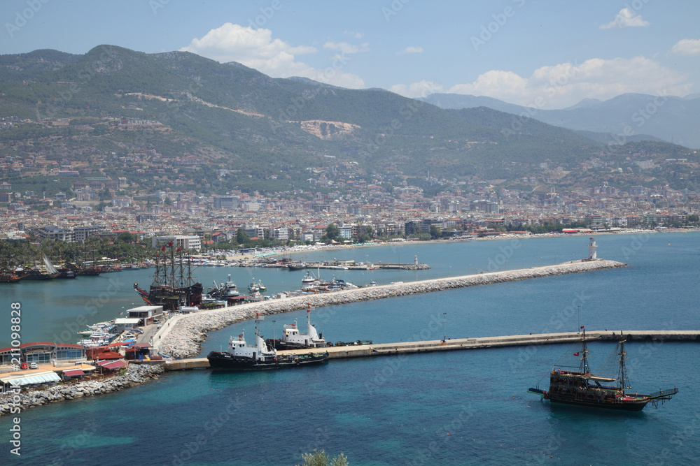 Fototapeta premium View of Alanya harbor from Alanya peninsula. Turkish Riviera.