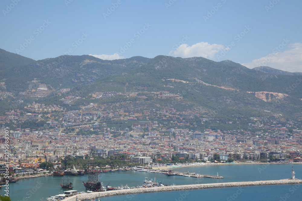 View of Alanya harbor from Alanya peninsula. Turkish Riviera. 