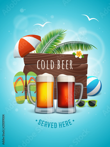Summer craft beer poster. Two beer mugs on the summer background with wooden logo, palm trees, beach ball, umbrella, flip flops and sunglasses. Vector banner for beach bar. Cold beer served here text