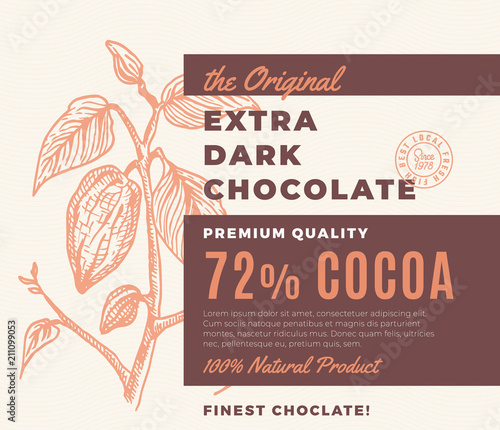 Fototapeta Naklejka Na Ścianę i Meble -  The Original Extra Dark Chocolate Abstract Vector Design Label. Modern Typography and Hand Drawn Cocoa Branch with Leaves and Bean Sketch Silhouette Background Layout.