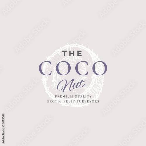 The Coconuts Abstract Vector Sign, Symbol or Logo Template. Elegant Hand Drawn Coconut Half with Retro Typography. Vintage Luxury Emblem.