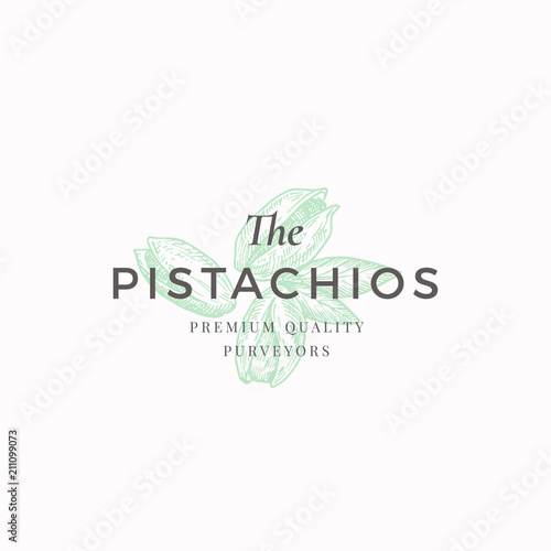 The Pistachios Abstract Vector Sign, Symbol or Logo Template. Elegant Hand Drawn Nuts Sillhouette with Retro Typography. Vintage Luxury Emblem.