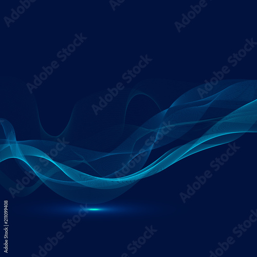 Abstract technology digital lighting futuristic glowing blue light lines wave pattern on dark background. © phochi