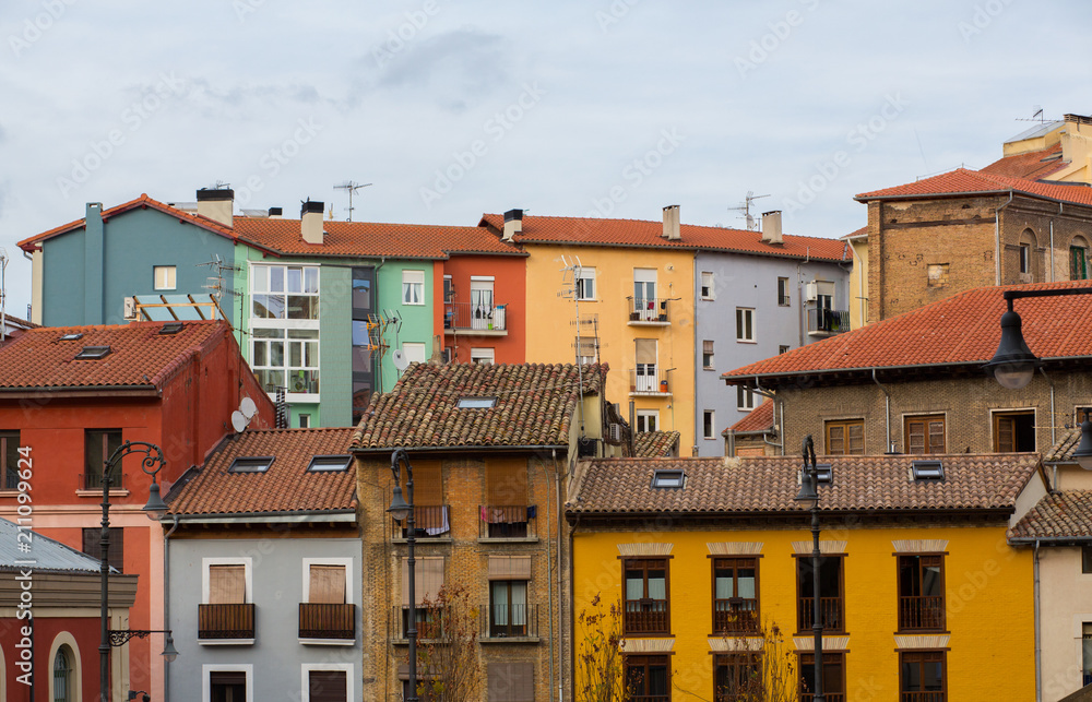Ancient city center, Pamplona, Navarra, Spain. Varicoloured beautiful building in old European town. Ancient city center, Pamplona, Navarra, Spain. Varicoloured beautiful building in old European town.