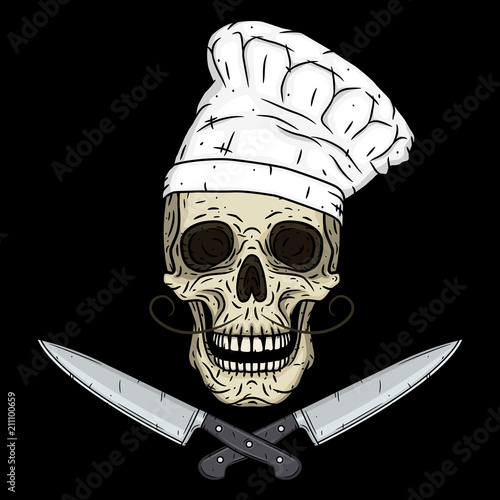 Skull in toque with knifes. Cartoon skull. Chef skull.
