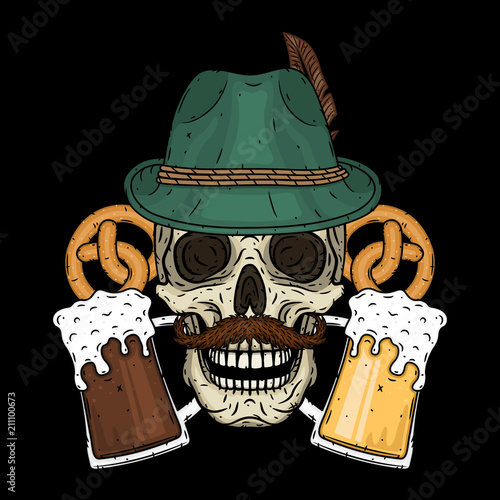 Vector illustration of oktoberfest. Skull in Tyrolean hat, with pretzels and glasses of beer.