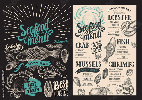 Seafood menu for restaurant on blackboard background. Vector food flyer for bar and cafe. Design template with vintage hand-drawn illustrations.