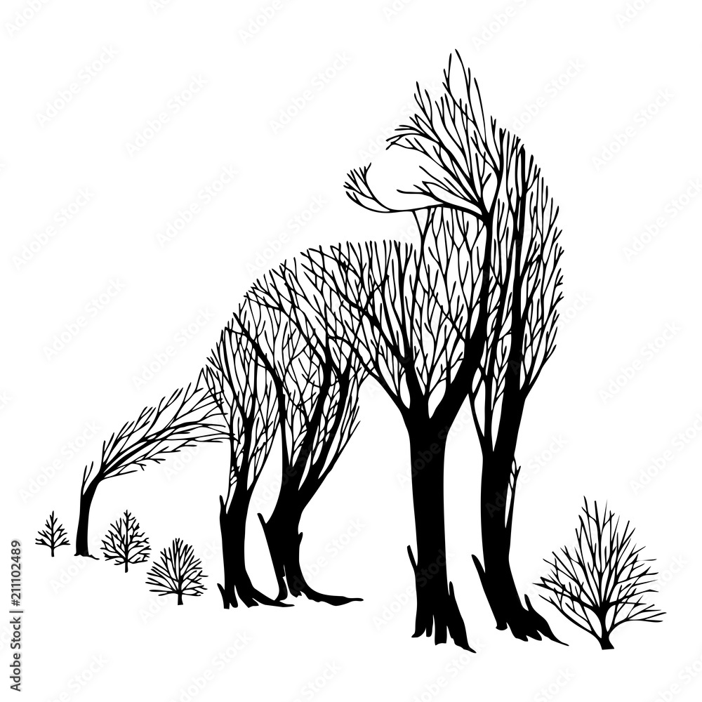 Obraz premium Tajemniczy agresywny wilk spojrzeć wstecz sylwetka podwójna mieszanka ekspozycji drzewo rysunek tatuaż wektor z białym na białym tle