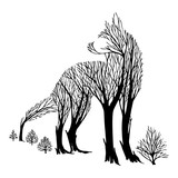 Mysterious aggressive Wolf look back silhouette double exposure blend tree drawing tattoo vector with white isolated background 