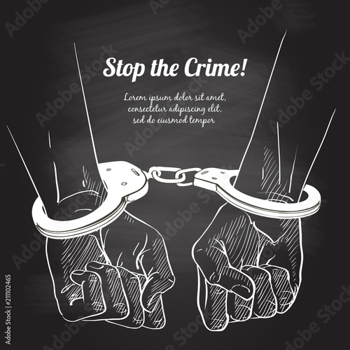 Handcuffs on the hands. Sketch vector illustration