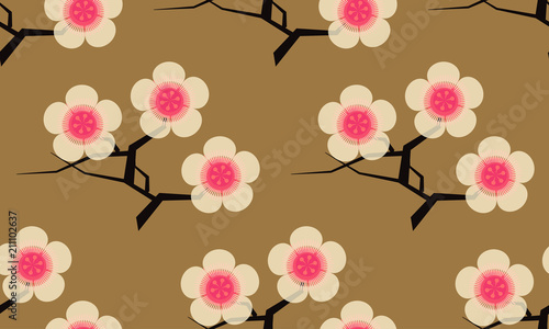 cherry tree branches seamless pattern in gold and pink