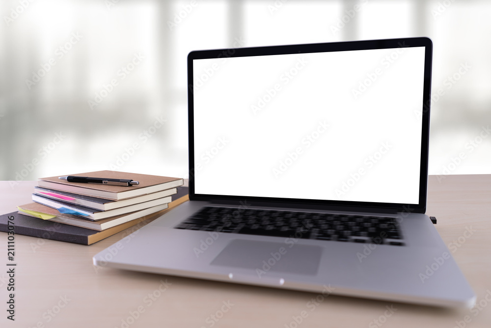 Laptop with blank screen on table. Workspace background new project on laptop computer with blank copy space screen for your advertising text message Laptop with blank screen on table. Workspace background new project on laptop computer with blank copy space screen for your advertising text message