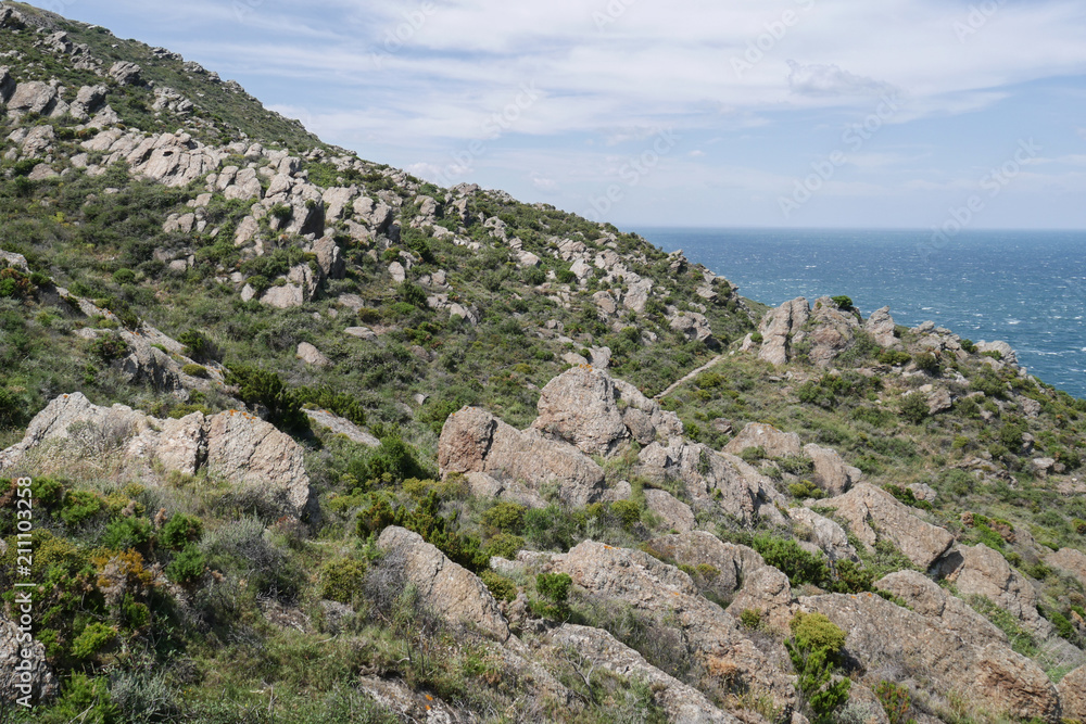 Beautiful coastal pathway with amazing sea view, Port Vendres coastline footpath and landscape, south of France, mediterranean scrub landscape Beautiful coastal pathway with amazing sea view, Port Vendres coastline footpath and landscape, south of France, mediterranean scrub landscape