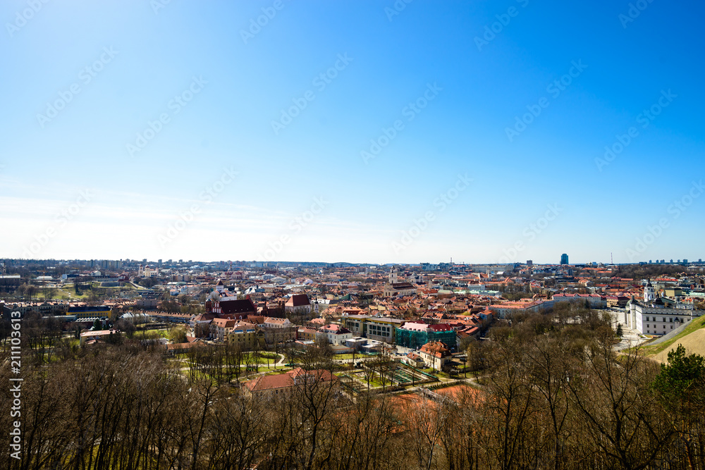 Beautiful spring panorama of Vilnius old town at sunny day. View