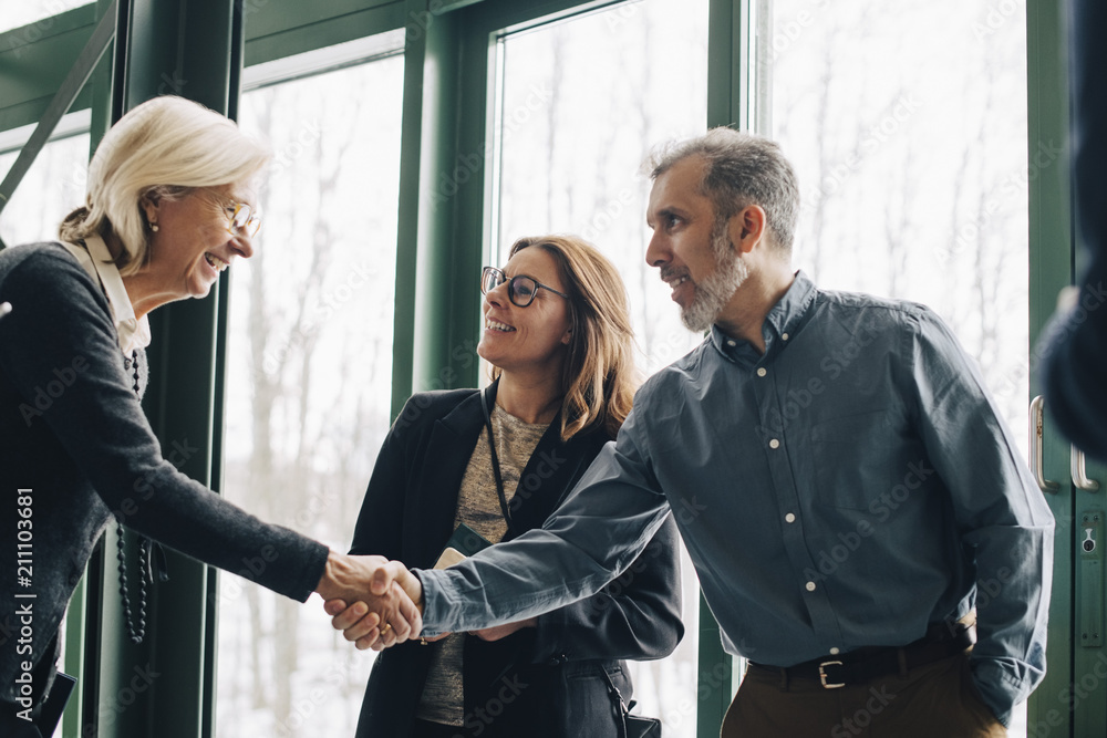 Mature businessman greeting senior colleague in meeting at office Mature businessman greeting senior colleague in meeting at office