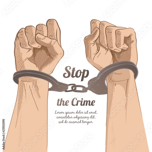 Handcuffs on the hands. Sketch vector illustration