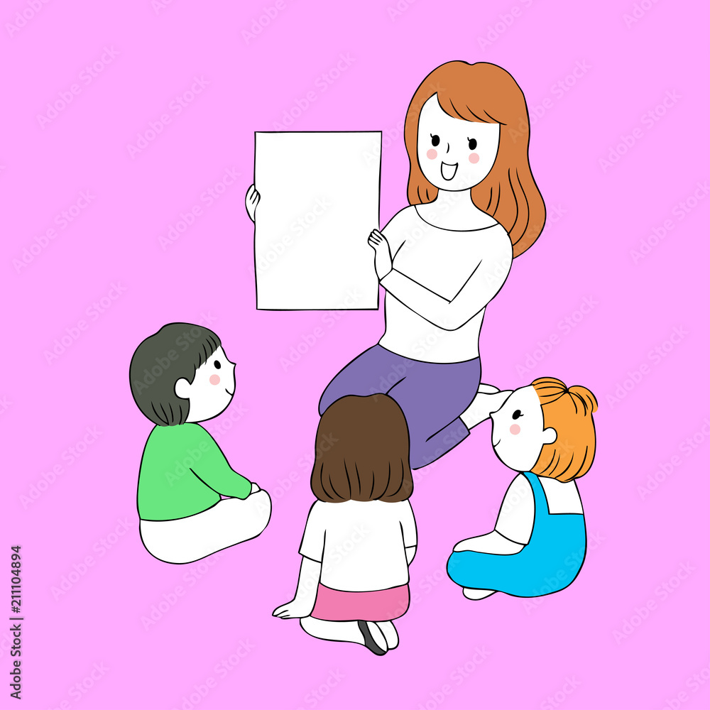 Cartoon cute preschool teacher and students talking vector. Stock Vector |  Adobe Stock