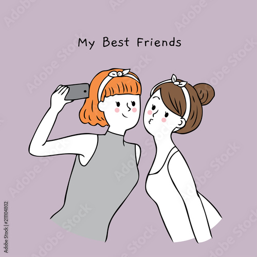 Cartoon cute best friends selfie together vector.