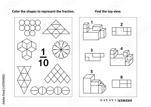 Two visual math puzzles and coloring pages. Color the shapes to represent the fraction. Find the top view. Black and white. Answers included.
