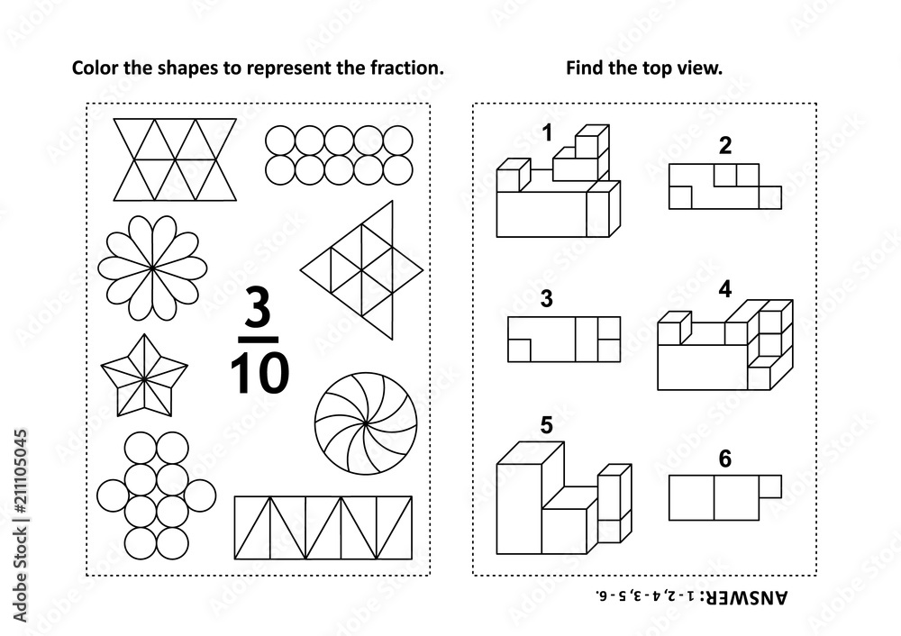 Two visual math puzzles and coloring pages. Color the shapes to