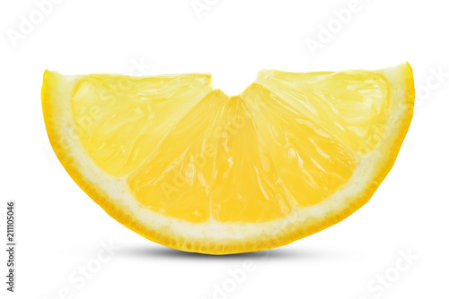 One slice of lemon citrus fruit isolated on white background.