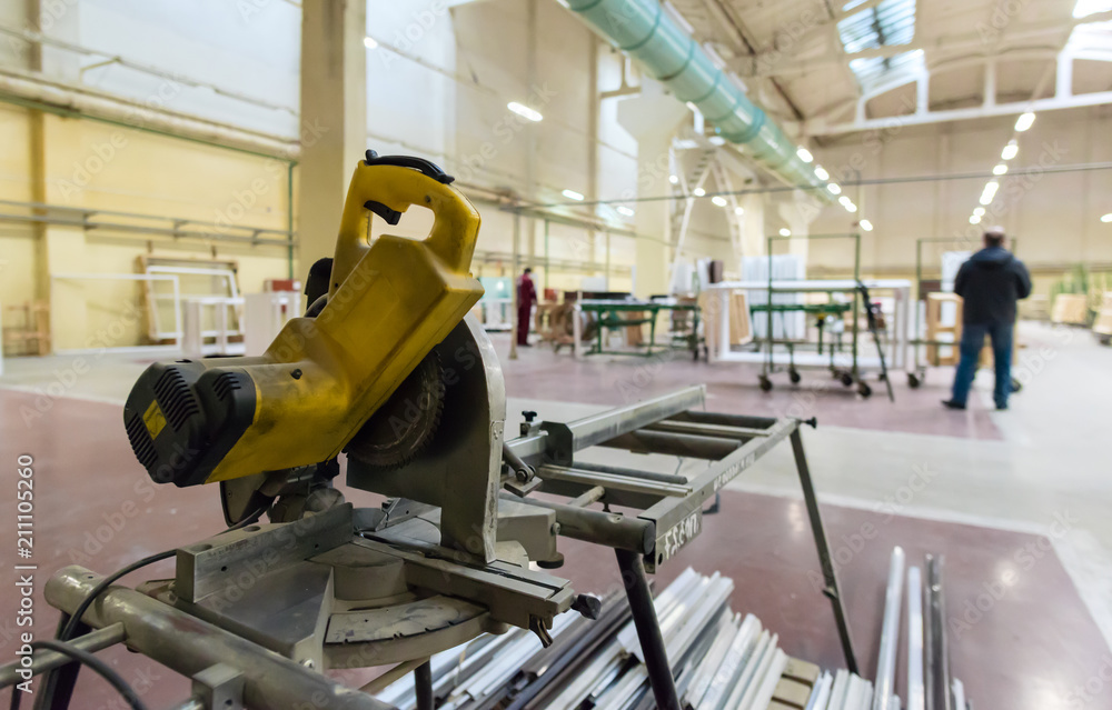 Fototapeta premium Window and Door Manufacturing Machinery at wood-processing facto