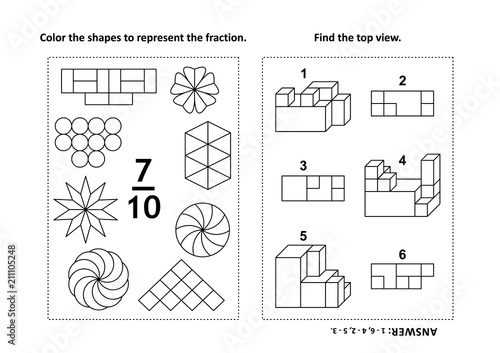 Two visual math puzzles and coloring pages. Color the shapes to represent the fraction. Find the top view. Black and white. Answers included.
