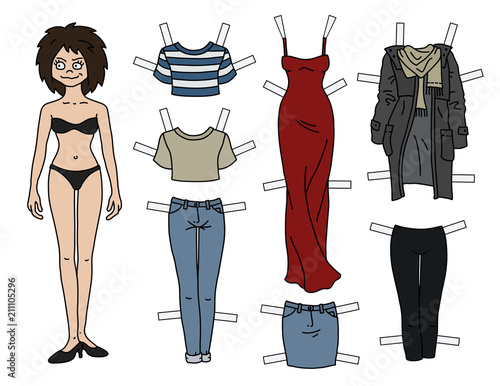 The brunette paper doll with cutout clothes