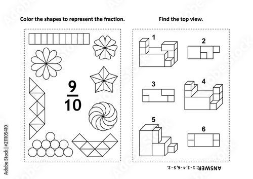 Two visual math puzzles and coloring pages. Color the shapes to represent the fraction. Find the top view. Black and white. Answers included.
