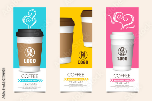 Coffee template for card, coupon, voucher with paper cup elements on color background vector illustration