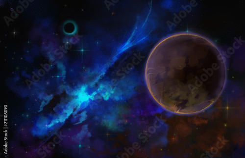 illustration of space theme, horizontal image of space. Color, Blue, Background, Graphics, Illustration, Space, Sky, Beautiful, Bright, Art, Sun, Field, Nature, Abstract, Energy, Light, Cloud, Black, 