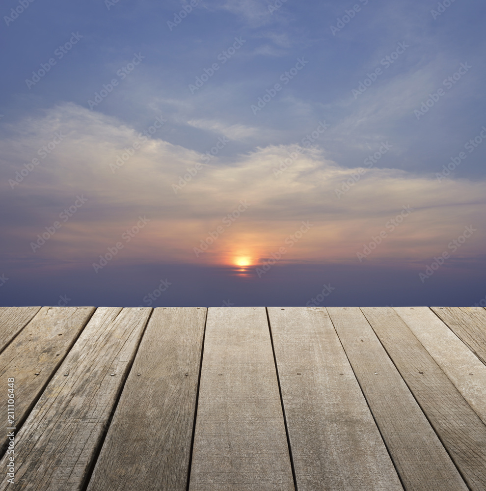 Empty old wood floor with sunset sky with clouds for background, for your product display montage