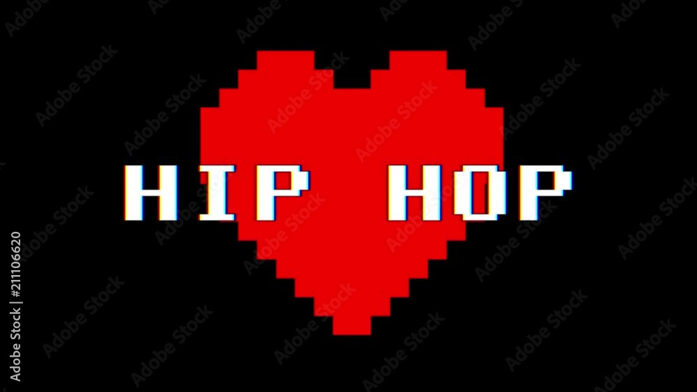 pixel heart HIP HOP word text glitch interference screen seamless loop animation background new dynamic retro vintage joyful colorful video footage pixel heart HIP HOP word text glitch interference screen seamless loop animation background new dynamic retro vintage joyful colorful video footage