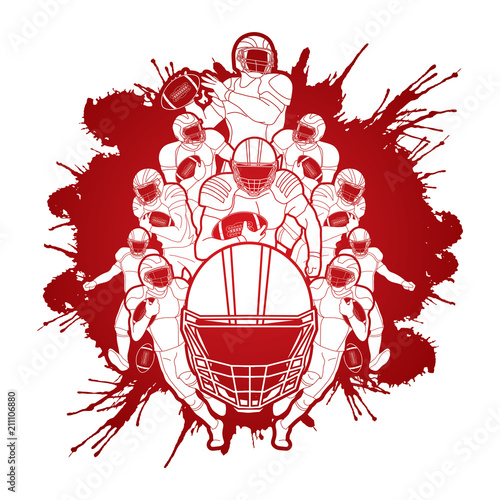 Group of American football player, Sportsman action, sport concept designed on splash colors background graphic vector.