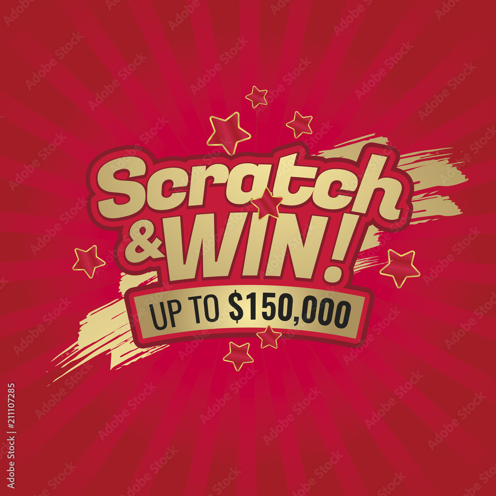 Scratch and win letters. Scratched effect background and stars. Place for prize. For tickets, signs, promotion announcements, banners. Golden colors letters. Scratch and win letters. Scratched effect background and stars. Place for prize. For tickets, signs, promotion announcements, banners. Golden colors letters.