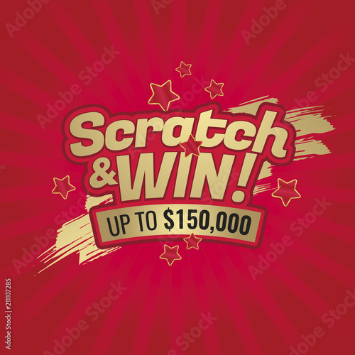 Scratch and win letters. Scratched effect background and stars. Place for prize. For tickets, signs, promotion announcements, banners. Golden colors letters.