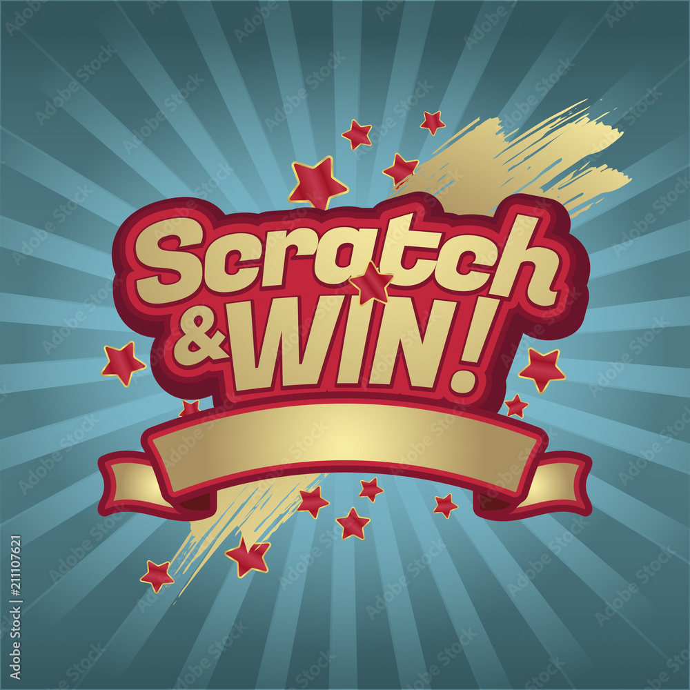 Scratch and win letters. Scratched effect background and stars. Ribbon