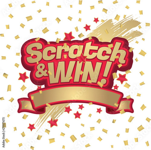 Scratch and win letters. Scratched effect background and stars. Ribbon for your text. For tickets, signs, promotion announcements, banners, poster. Golden colors letters.