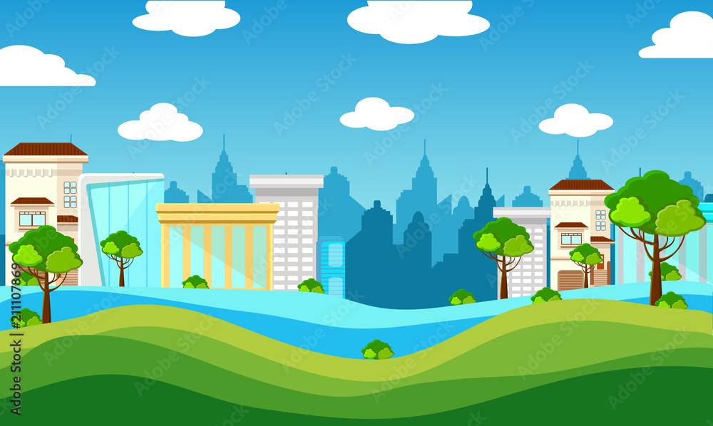 Vector illustration of city with cloud and tower with green trees.