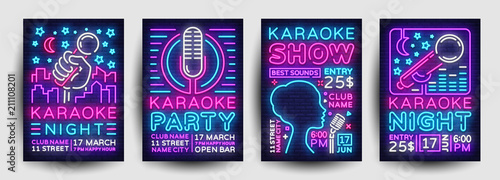 Karaoke party poster collection neon vector. Karaoke night design template, bright neon brochure, modern trend design, light banner, typography invitation to the party, advertising postcard. Vector photo
