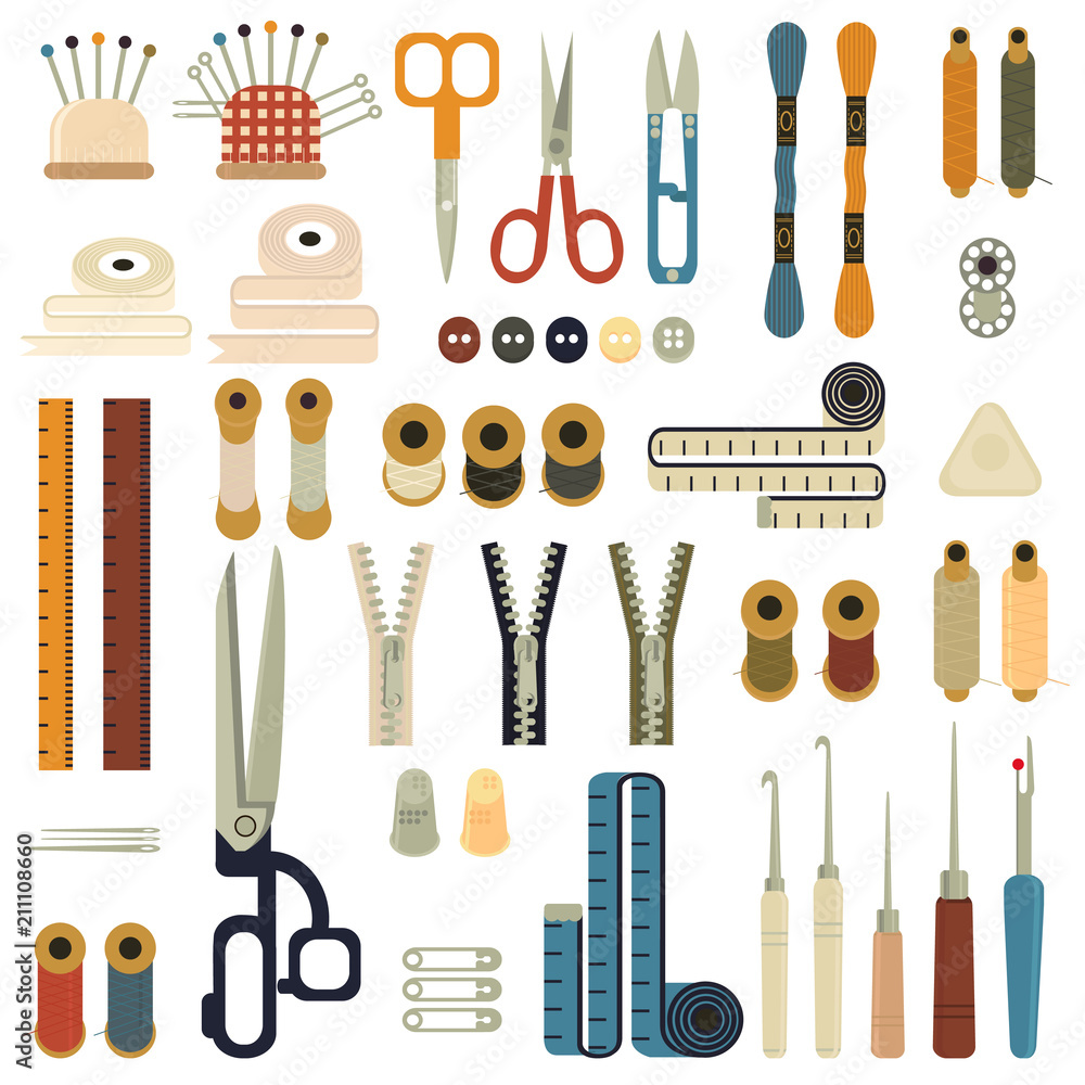 Collection of sets of Sewing equipment, dressmaking and needlework  accessories icons set with needle tape measure zipper flat isolated vector  illustration. Fashion clothing, sewing, clothing design. Stock Vector