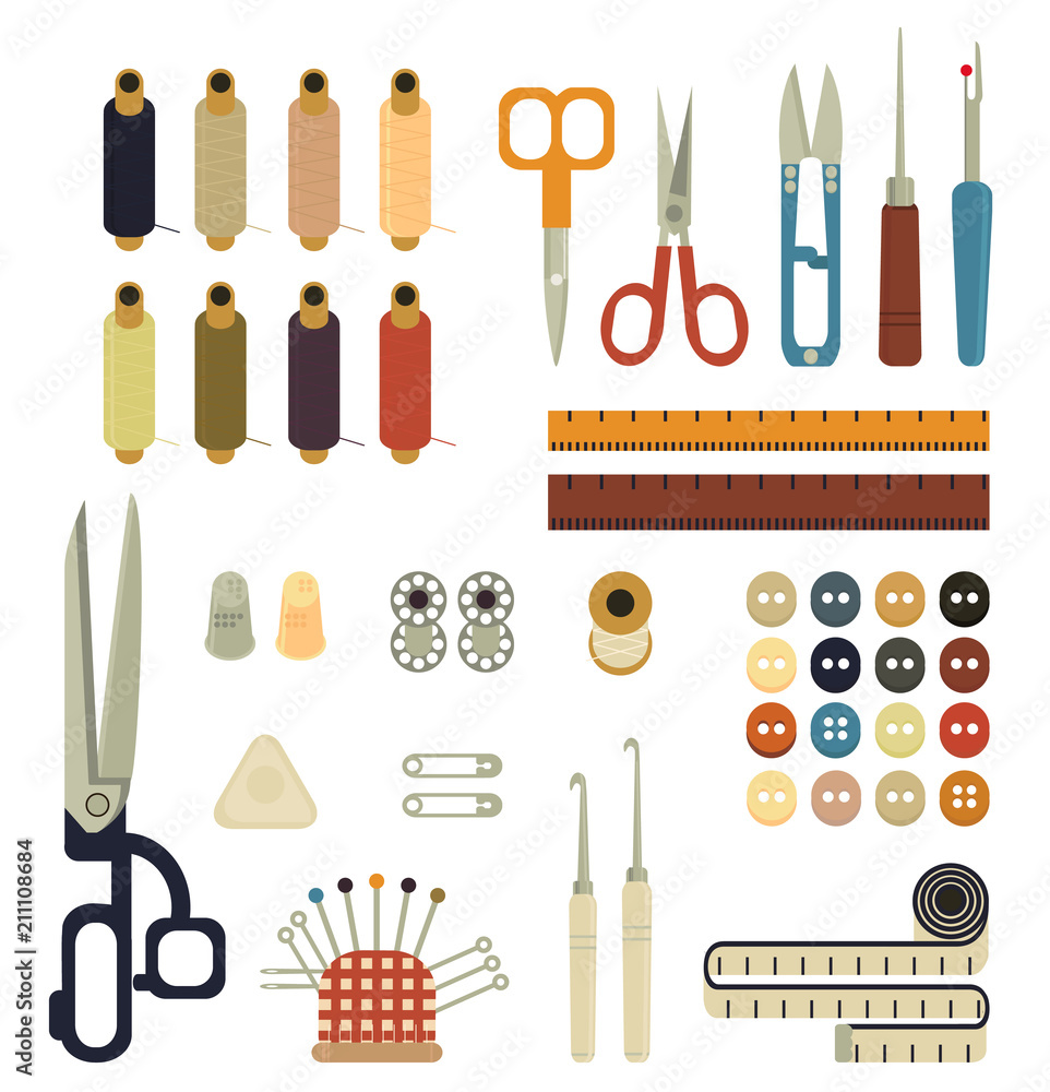 Collection of sets of Sewing equipment, dressmaking and needlework accessories icons set with needle tape measure zipper flat isolated vector illustration. Fashion clothing, sewing, clothing design. Collection of sets of Sewing equipment, dressmaking and needlework accessories icons set with needle tape measure zipper flat isolated vector illustration. Fashion clothing, sewing, clothing design.
