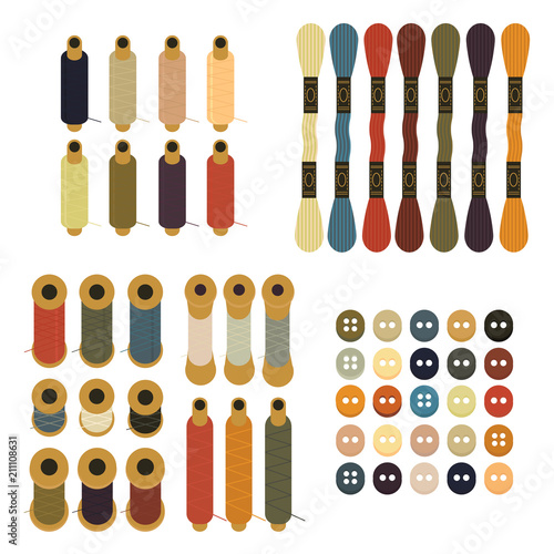 Collection of sets of Sewing equipment, dressmaking and needlework accessories icons set with needle tape measure zipper flat isolated vector illustration. Fashion clothing, sewing, clothing design.