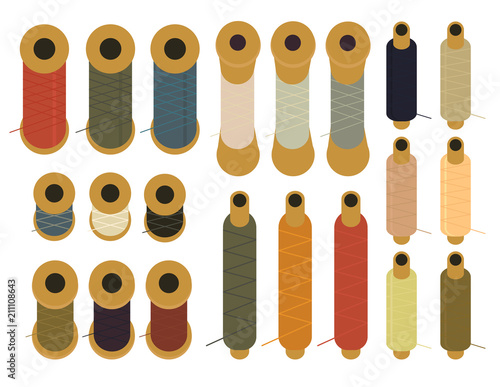 Collection of sets of Sewing equipment, dressmaking and needlework accessories icons set with needle tape measure zipper flat isolated vector illustration. Fashion clothing, sewing, clothing design.