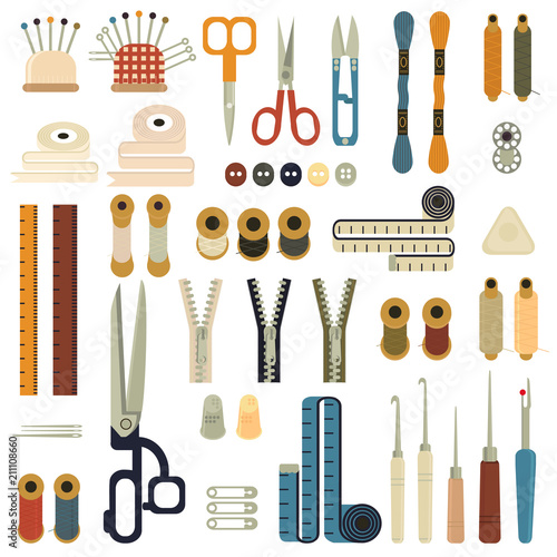 Collection of sets of Sewing equipment, dressmaking and needlework accessories icons set with needle tape measure zipper flat isolated vector illustration. Fashion clothing, sewing, clothing design.