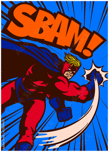 Pop art comic book vintage superhero in action throwing punch and fighting vector illustration