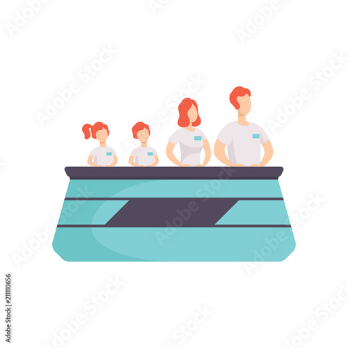 Family taking part TV in quiz show, mothe, father and their kids answering questions standing at stand with buttons vector Illustration on a white background