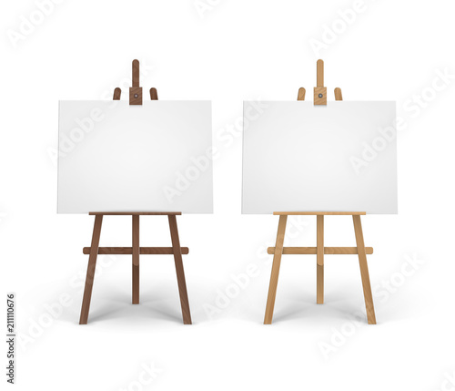 Vector Set of Wooden Brown Sienna Easels with Mock Up Empty Blank Horizontal Canvases Isolated on Background