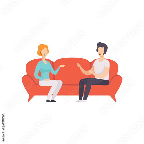 Journalist interviewing guest in a TV studio, talk show vector Illustration on a white background